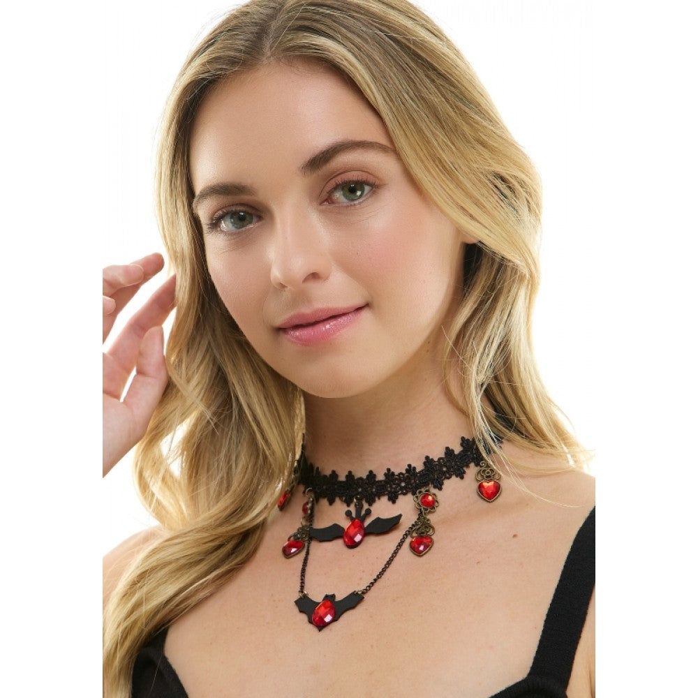 Black Bat Choker Necklace with Red Jewels
