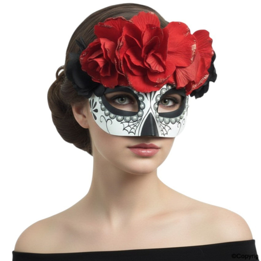 Day of The Dead Half Face Mask & Flowers