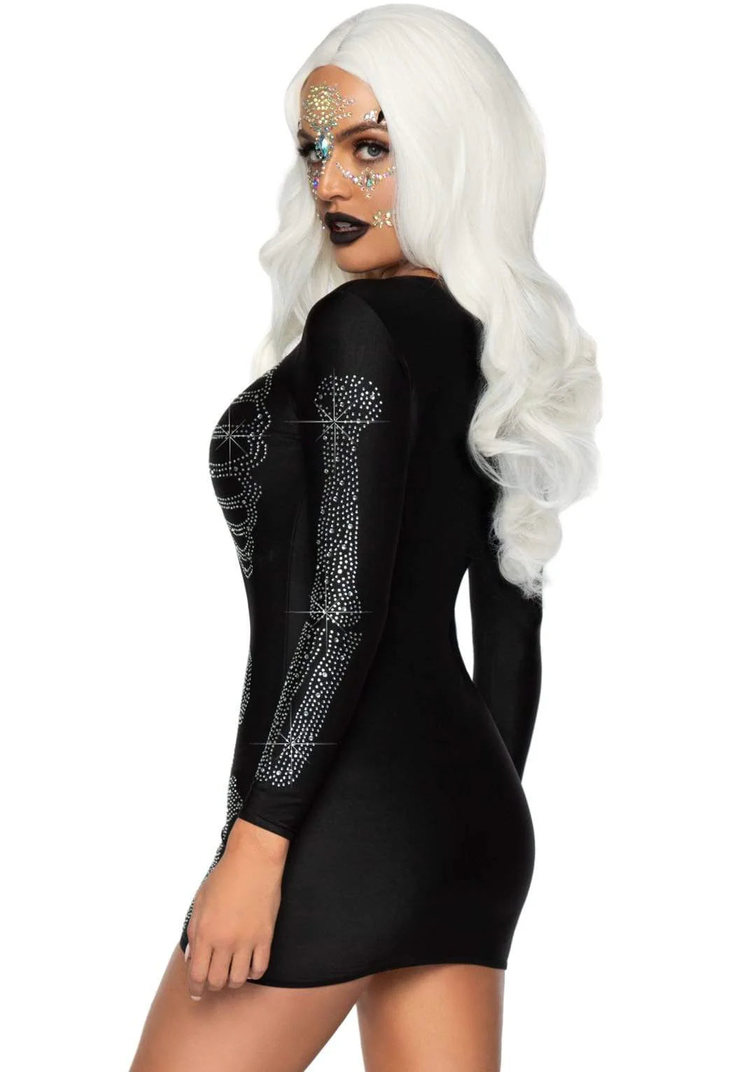 Spandex Rhinestone Skeleton Dress: Black