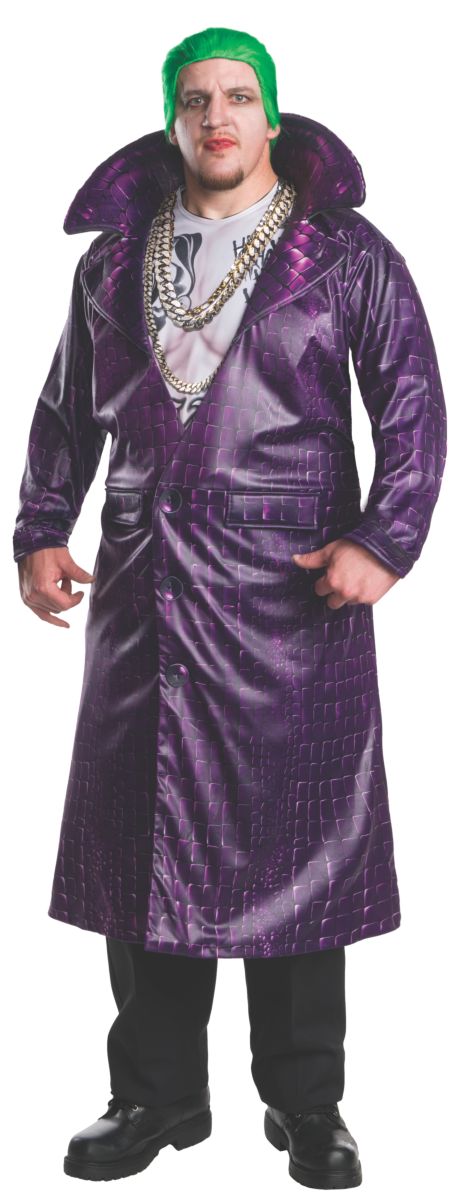 A man wearing a plus size Joker costume from the Suicide Squad.