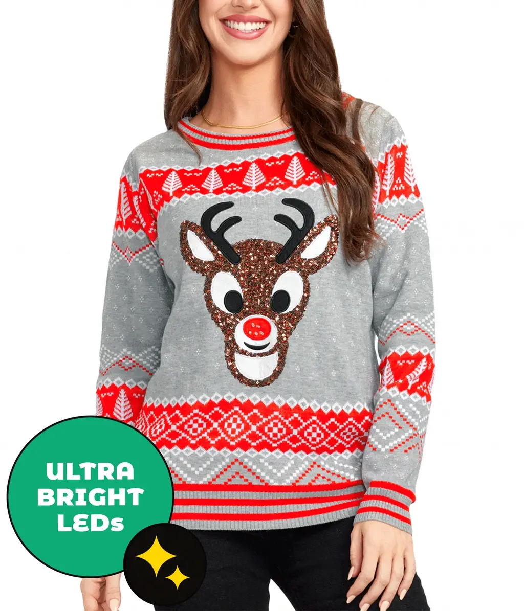 Sequin Rudolph Women's Light Up Ugly Christmas Sweater