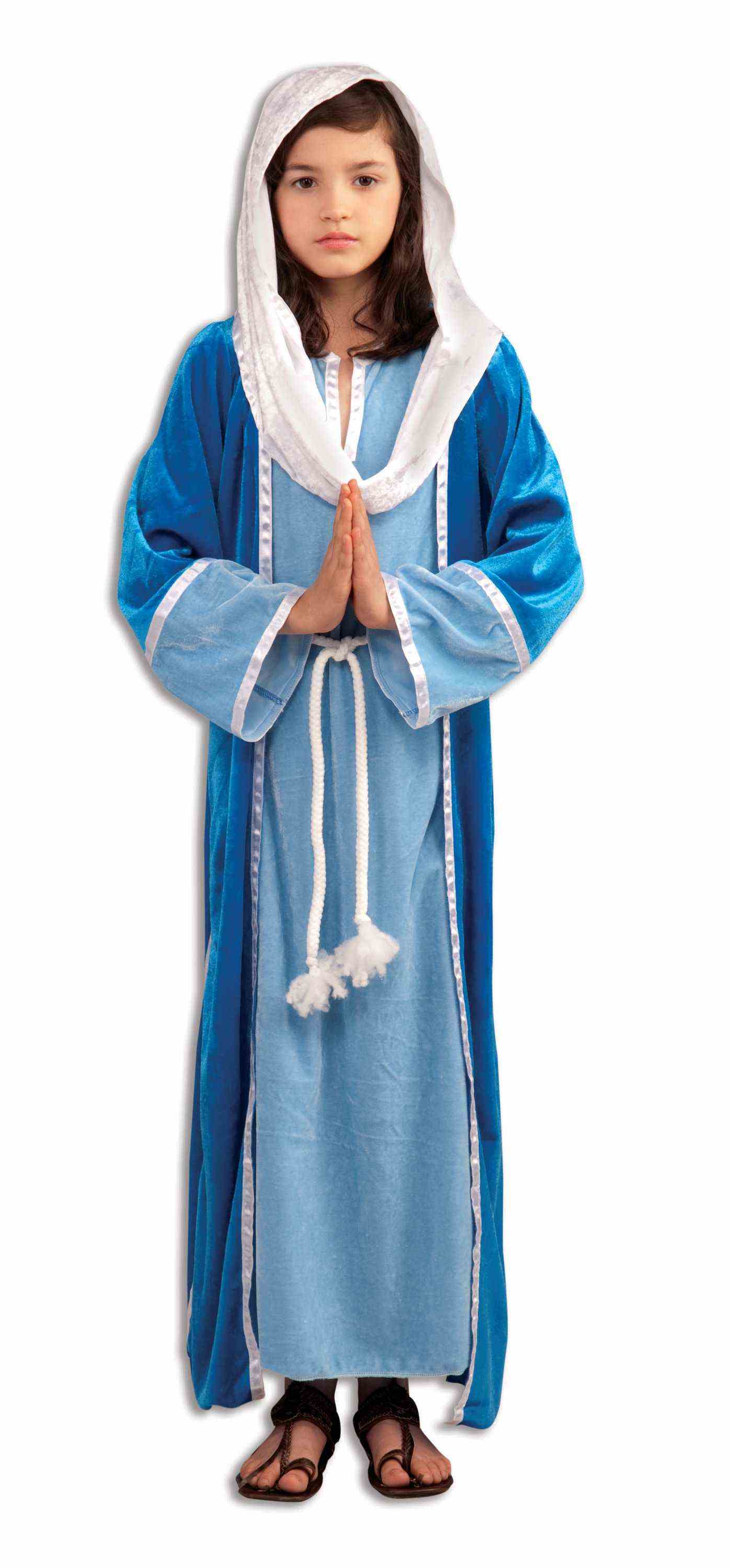 A girl wearing a kids deluxe Mother Mary costume.