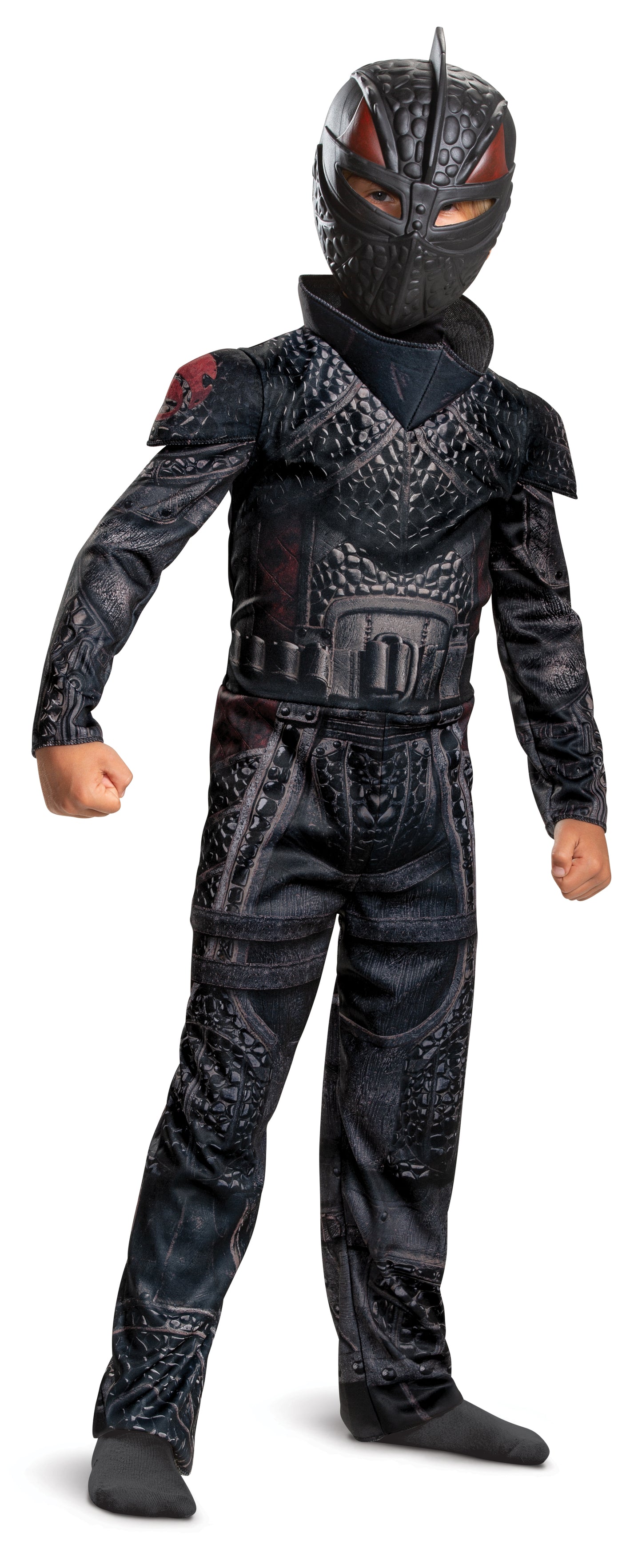 Kids' Hiccup costume from 'How to Train Your Dragon: The Hidden World', consisting of a black jumpsuit and mask.