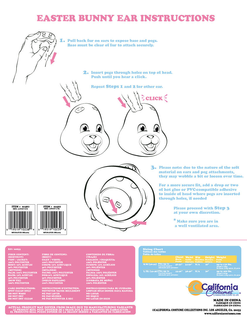 A visual guide how to wear the Easter Bunny head and attach the ears.