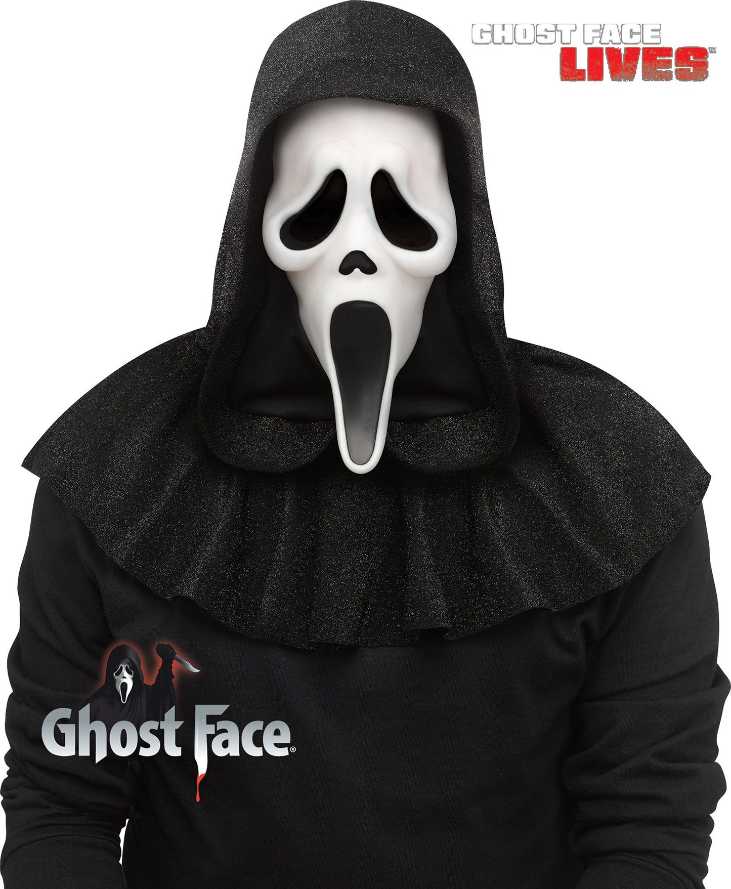 A person wearing the 25th anniversary Ghost Face Mask from the Scream movie franchise.