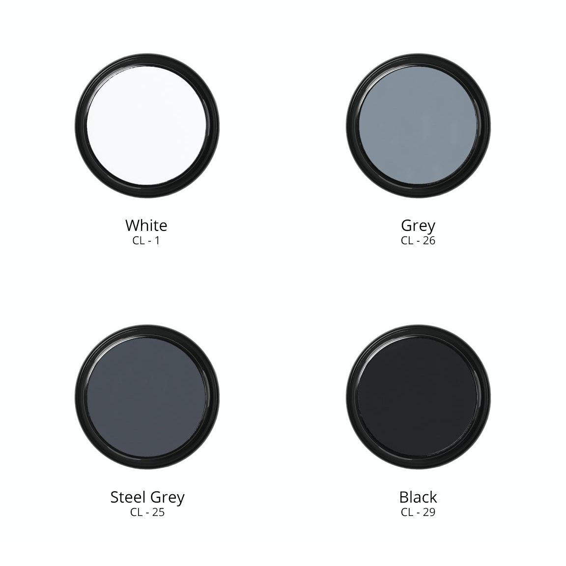 Ben Nye Creme Colors in white CL - 1, grey CL - 26, steel grey CL - 25, and black CL - 29..
