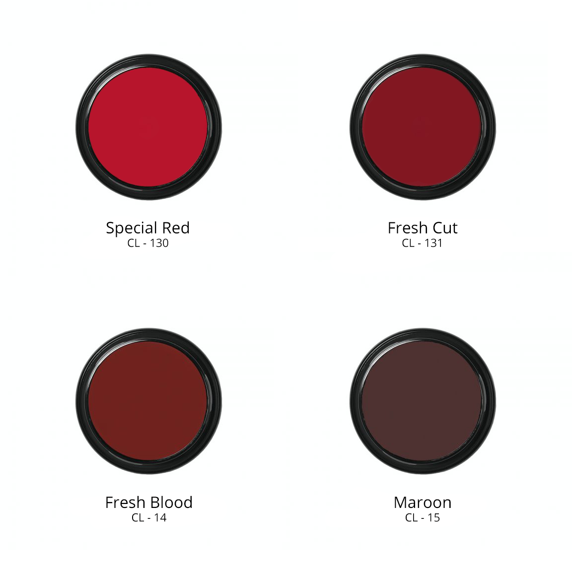 Ben Nye Creme Colors in special red CL - 130, Fresh Cut CL - 131, Fresh Blood CL - 14, and Maroon CL - 15.