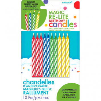 A 10 piece pack of rainbow birthday candles.