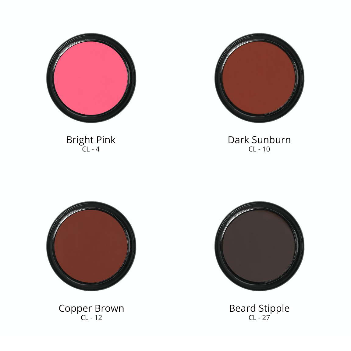 Ben Nye Creme Colors in Bright Pink CL - 4, Dark Sunburn CL - 10, Copper Brown CL - 12, and Beard Stipple CL - 27.