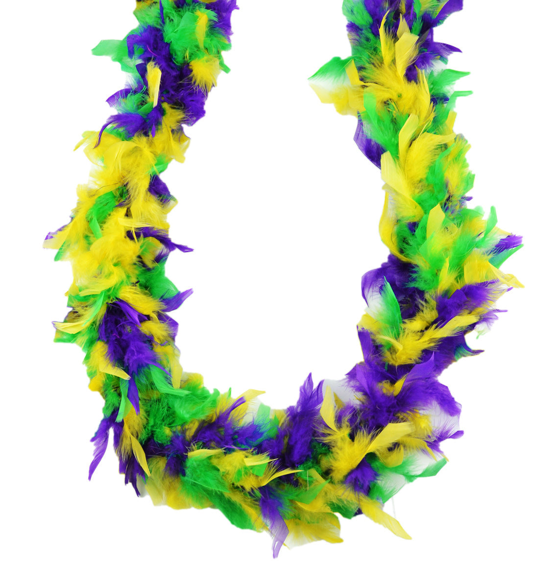 A Mardi Gras themed boa mix with mostly yellow feathers.