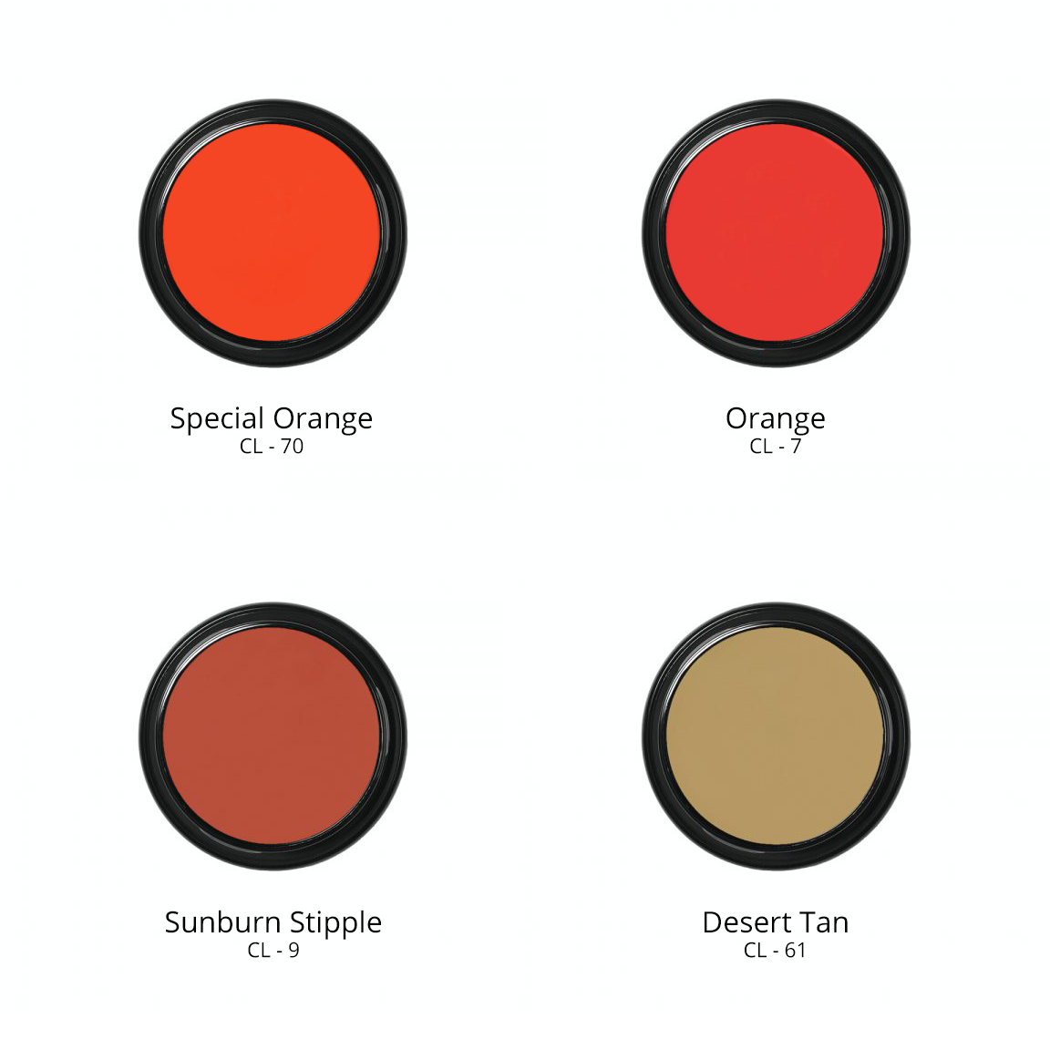 Ben Nye Creme Colors in Special Orange CL - 70, Orange CL - 7, Sunburn Stipple CL - 9, and Desert Tan CL - 61.