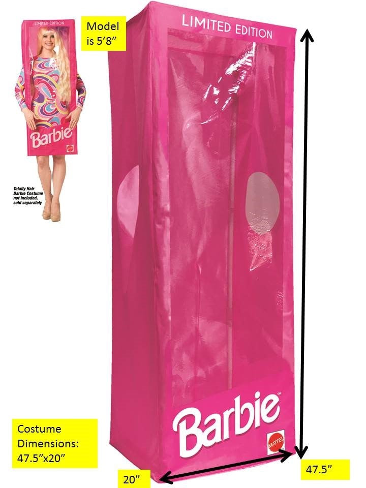 The dimensions of the Barbie box costume.