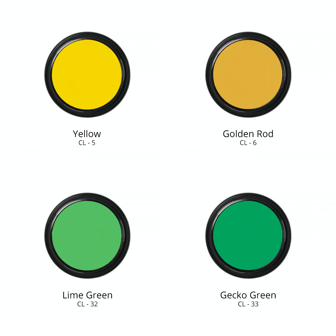 Ben Nye Creme Colors in Yellow CL - 5, Golden Rod CL - 6, Lime Green CL - 32, and Gecko Green CL - 33.