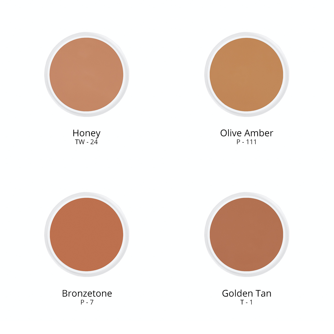 Ben Nye creme foundation in 4 shades: Honey TW - 24, Olive Amber P - 111, Bronzetone P - 7, and Golden Tan T - 1.