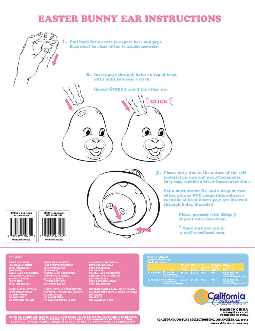 Visual instructions on how to install and wear the plush Easter bunny head.