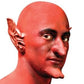 A man painted all red using a latex bald cap for his costume.