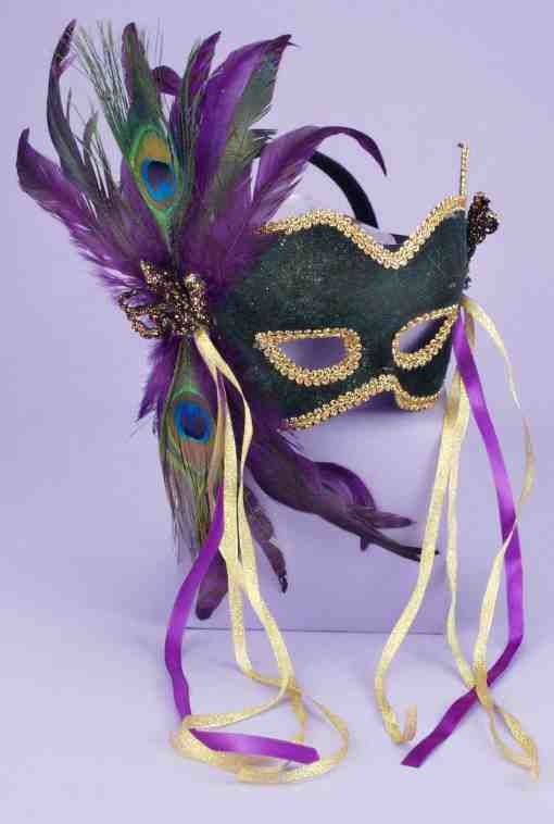 Carnival Style Half Headband Mask w/ Feathers: Green (MJ-021)