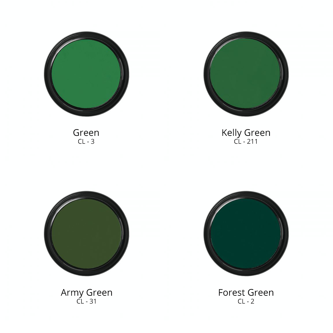 Ben Nye Creme Colors in Green CL- 3, Kelly Green CL - 211, Army Green CL- 31, and Forest Green CL - 2.