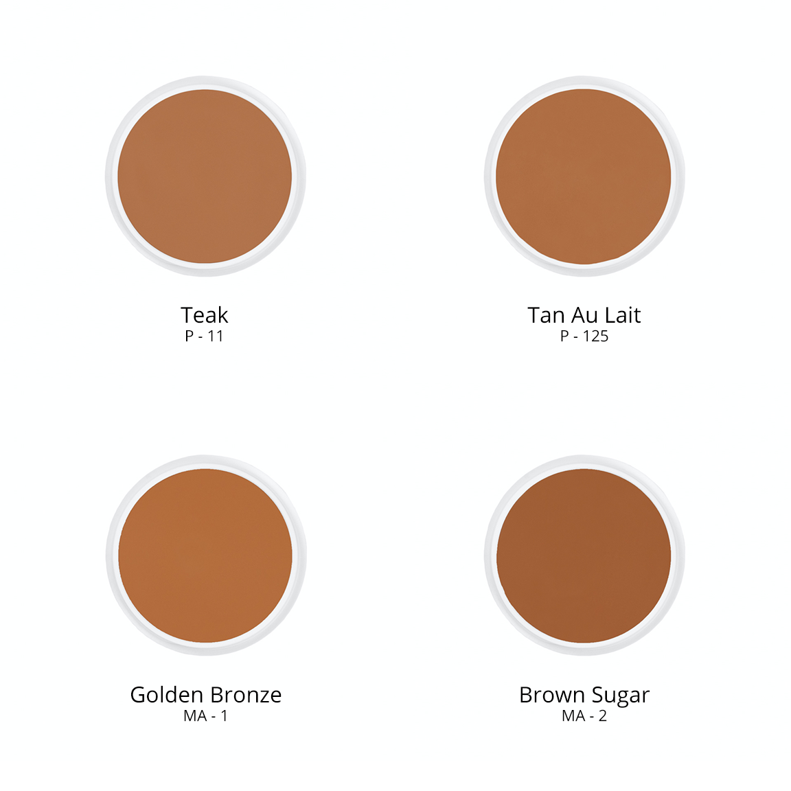 Ben Nye creme foundation in 4 shades: Teak P - 11, Tan Au Lait P - 125, Golden Bronze MA - 1, and Brown Sugar MA - 2