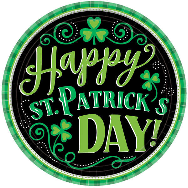 7 in St. Patrick's Day paper plates that read "Happy St. Patrick's Day".