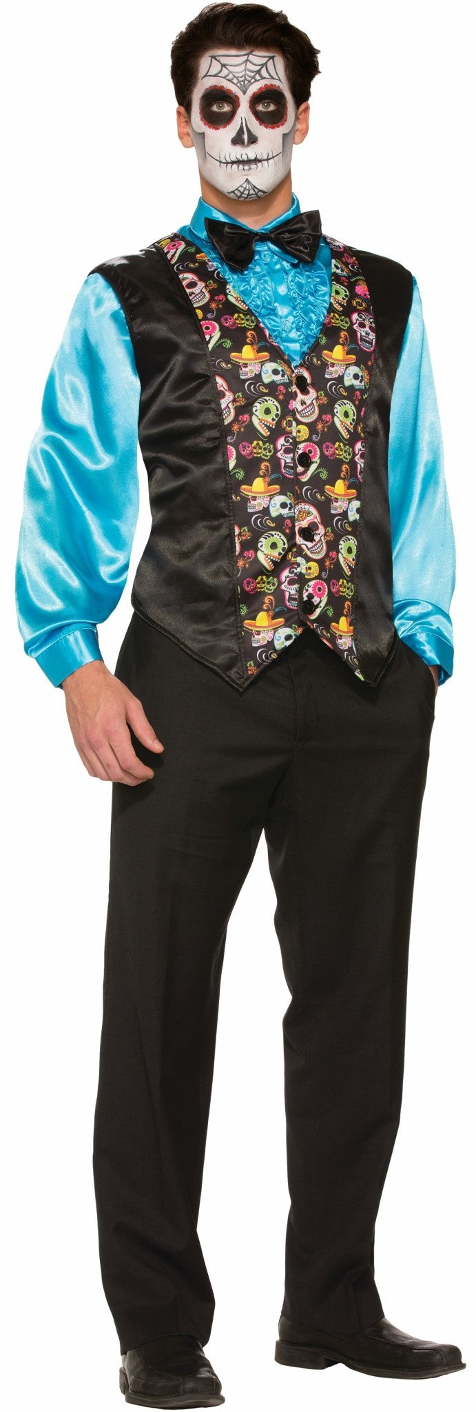 A person wearing a black satin sleeveless day of the dead vest with a colorful sugar skull design across the front.