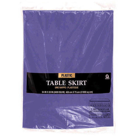 A purple plastic table skirt