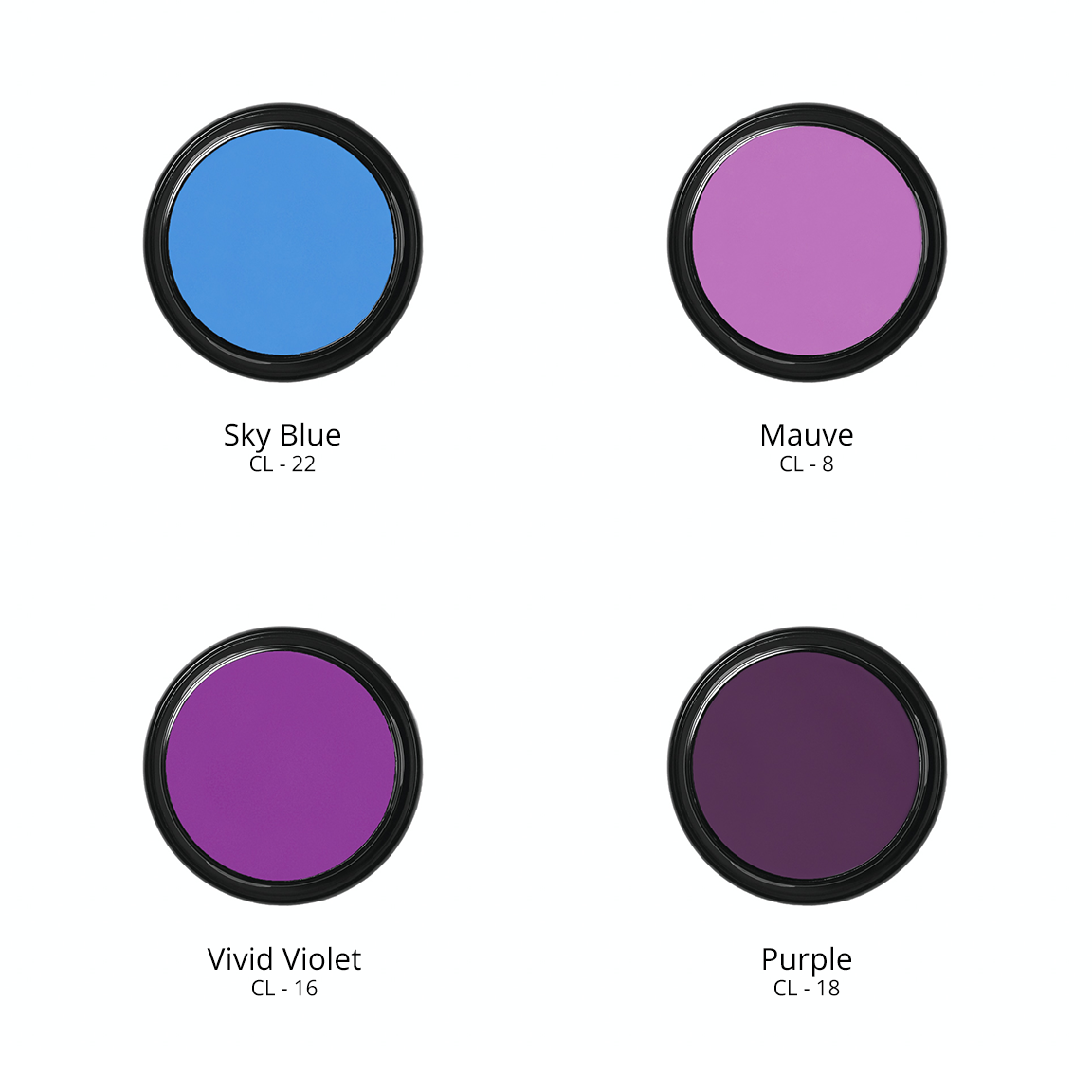 Ben Nye Creme Colors in Sky Blue CL - 22, Mauve CL - 8, Vivid Violet CL - 16, and Purple CL - 18.