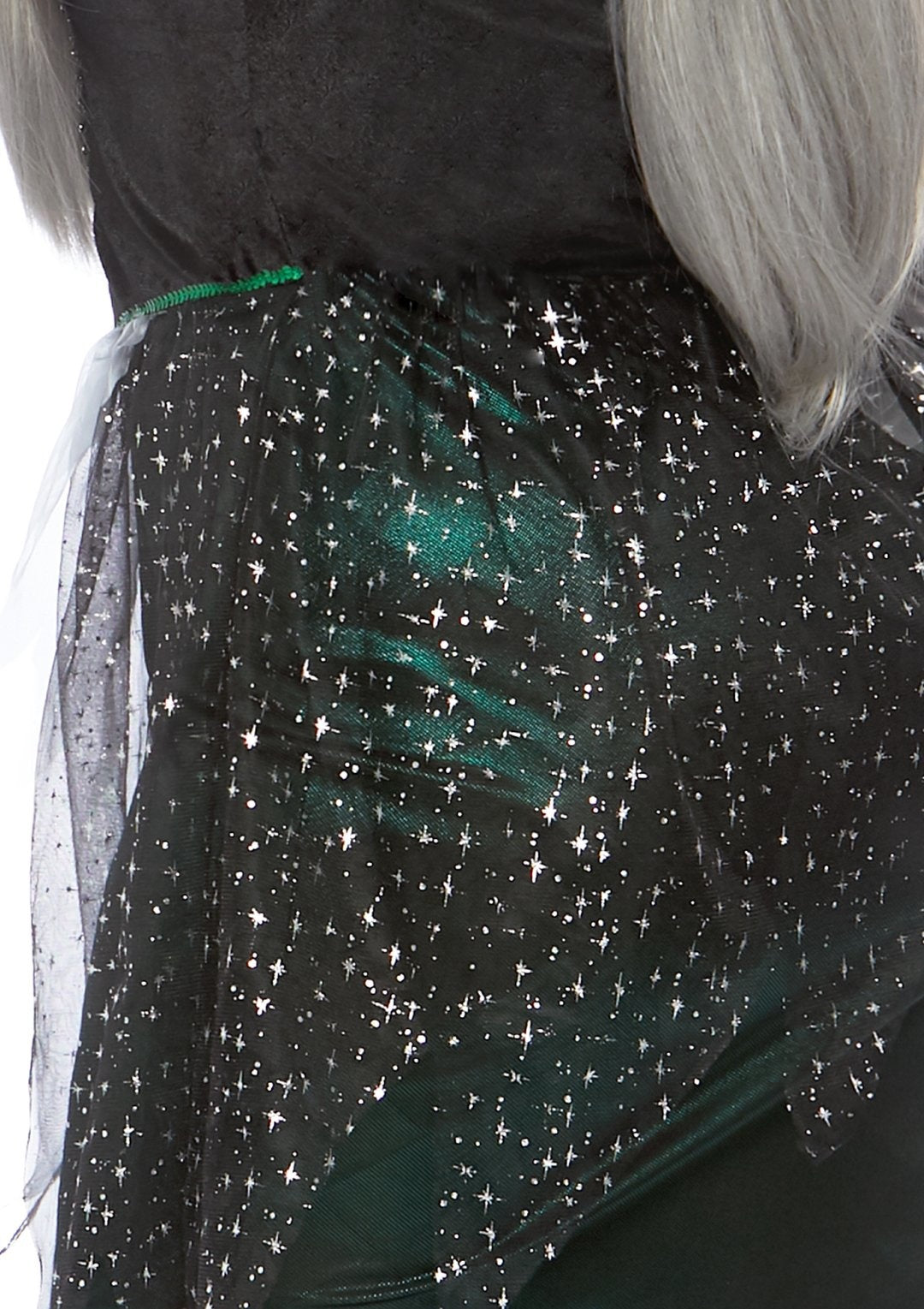 A close up of the back waist of a wicked witch costume plus size.