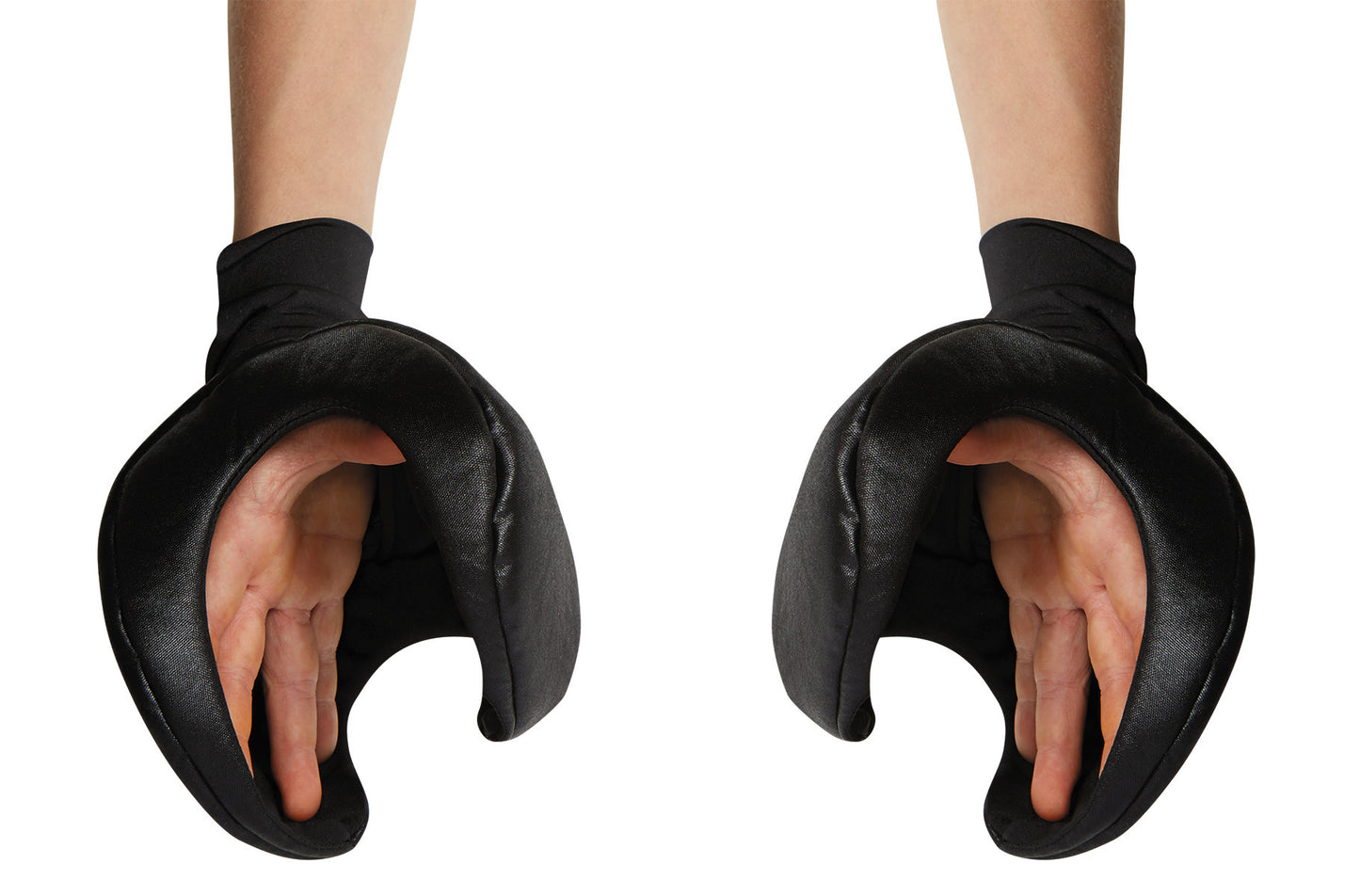 A person with open hands wearing a pair of black Lego Ninjago hands costume.