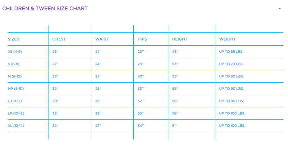 A size chart for children and tweens for the gorilla costume.