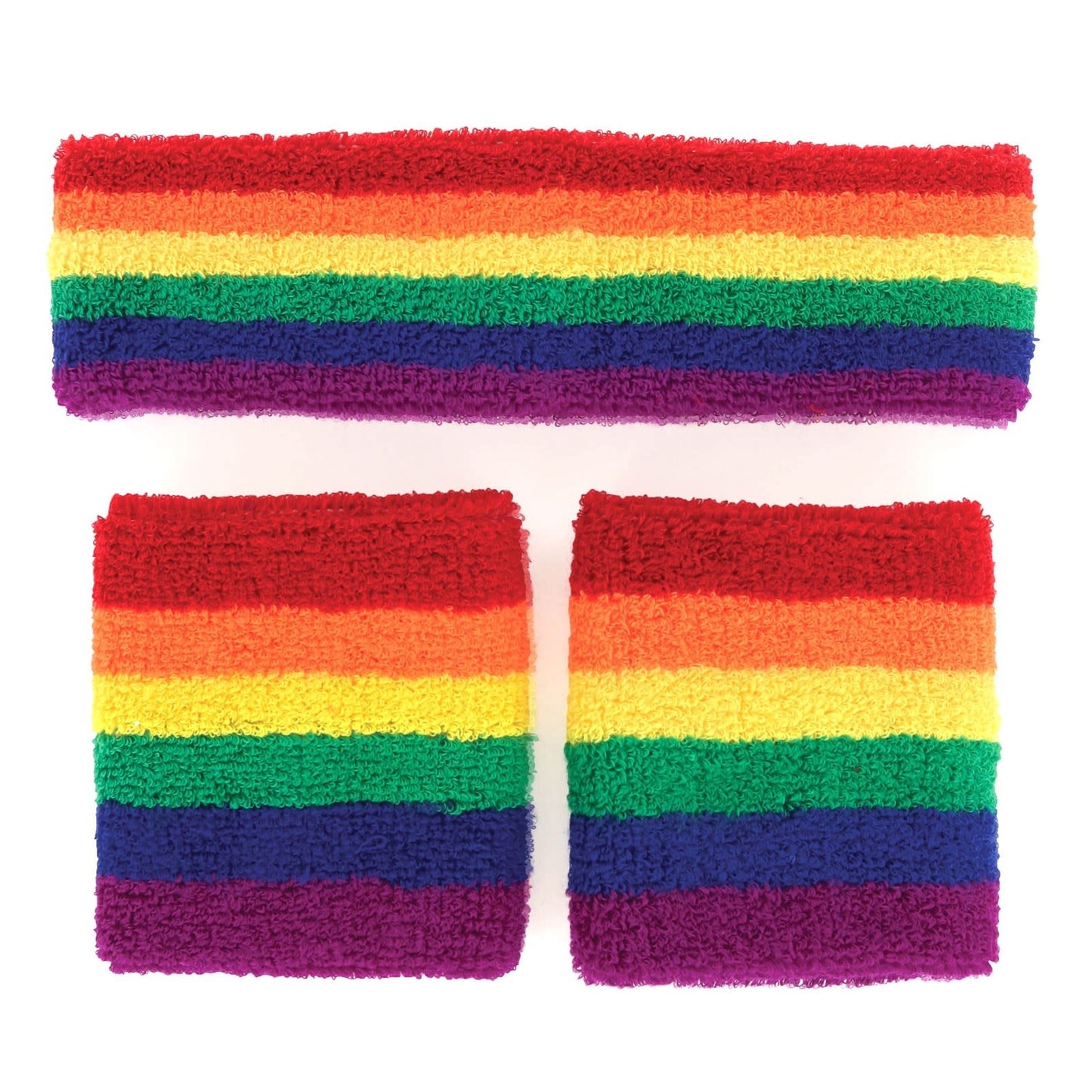Another look at a rainbow wristband set for Pride month.