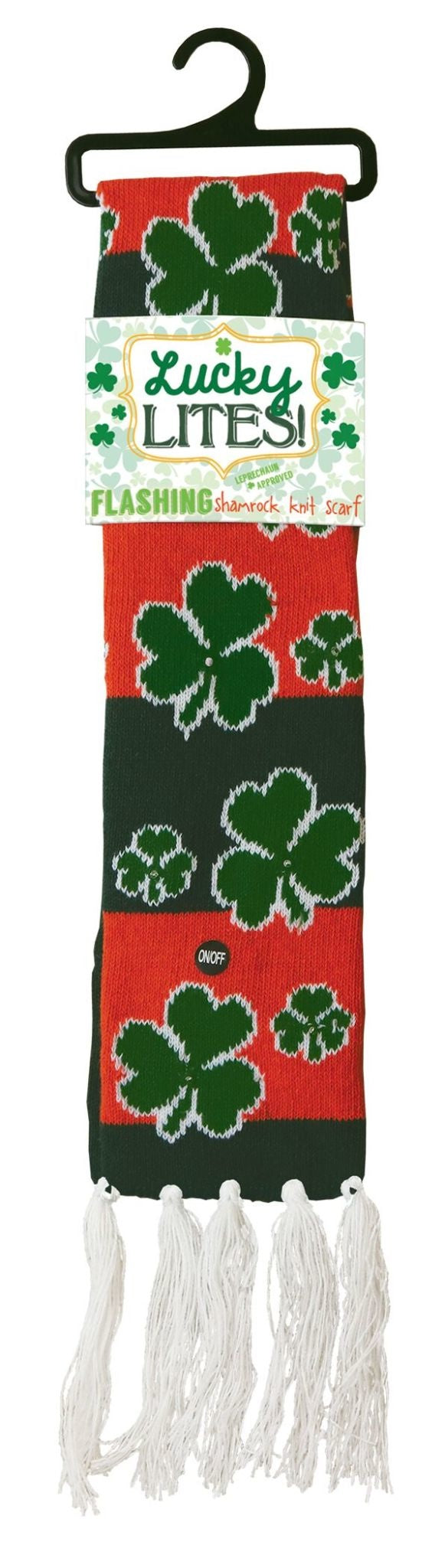 The green, red, and white version of the lucky lites light up St. Patrick's Day scarf.