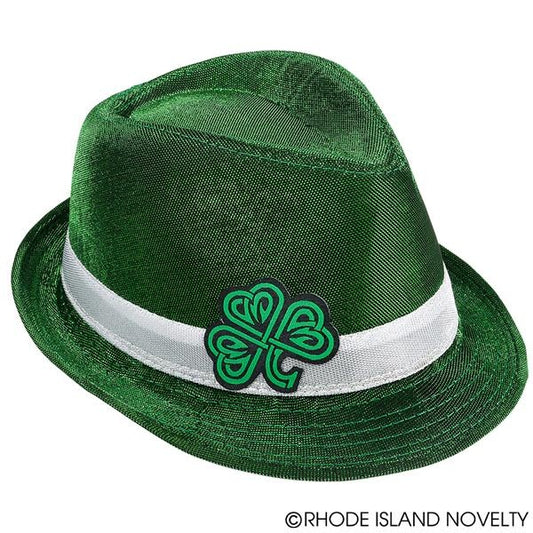 A view of a dark green St. Patrick's Day fedora with a shamrock on the side.