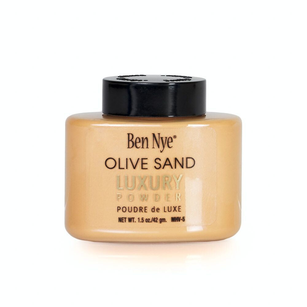 Ben Nye luxury powder in olive sand color in a 1.5 oz bottle.