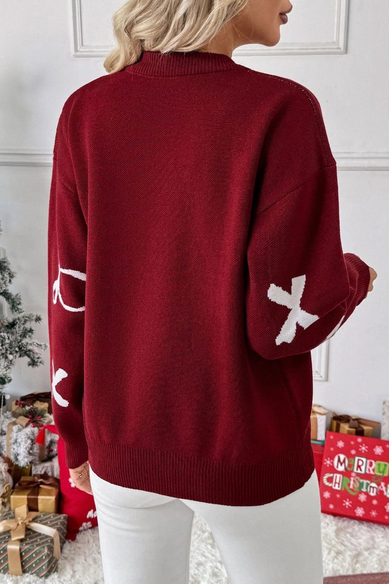 Christmas Bow Jacquard Crew Neck Wine Christmas Sweater