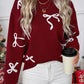 Christmas Bow Jacquard Crew Neck Wine Christmas Sweater