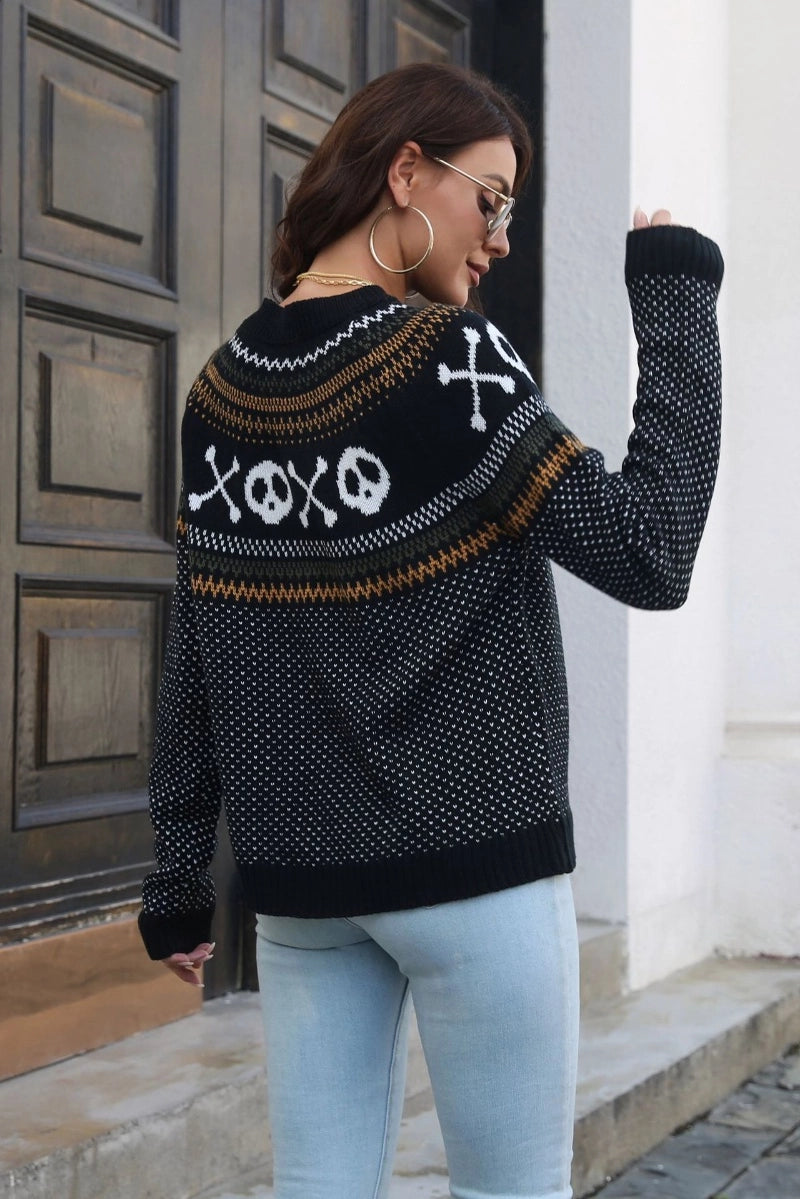 Vintage Skull Ghost Print Long-Sleeved Sweater