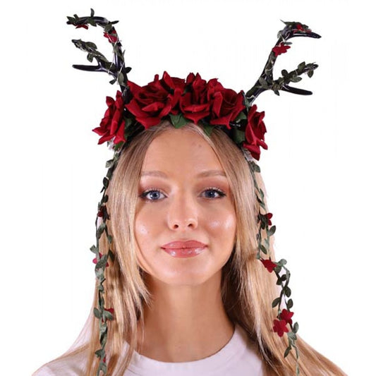 Black Antler Headband w/ Red Flowers