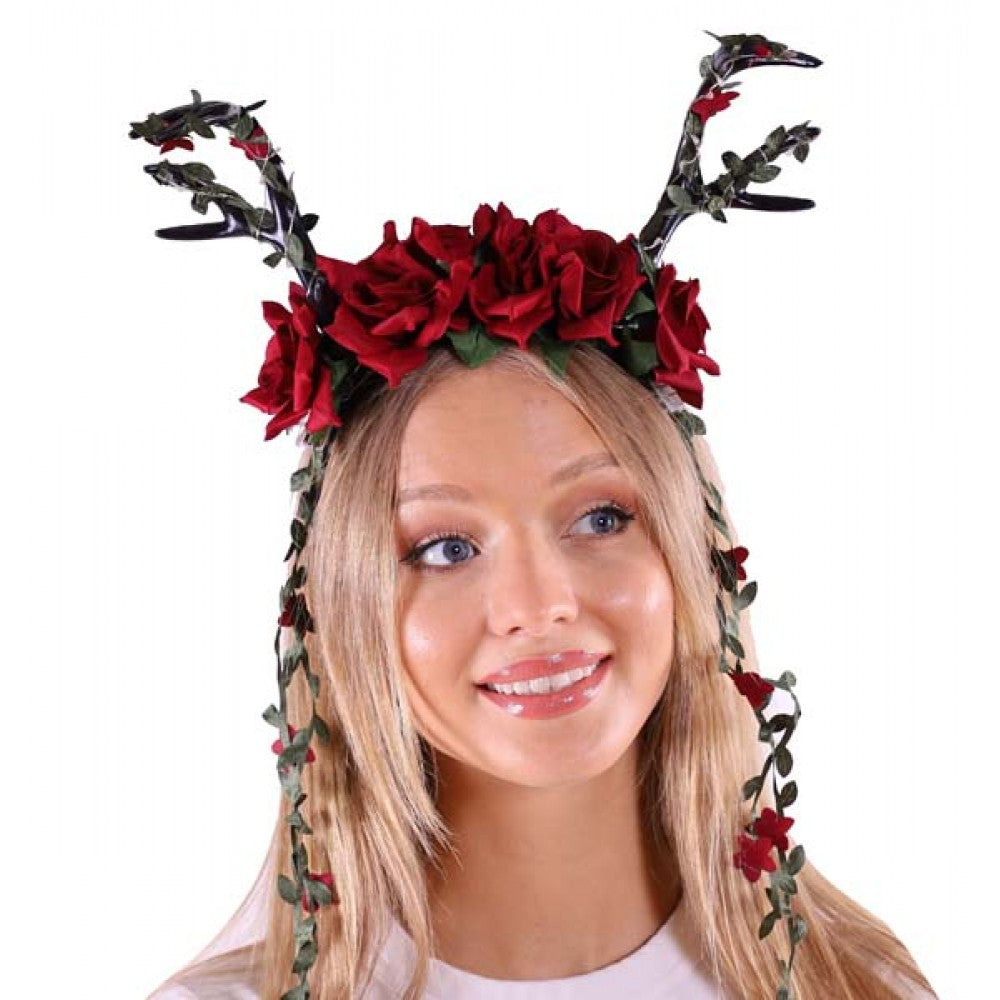 Black Antler Headband w/ Red Flowers