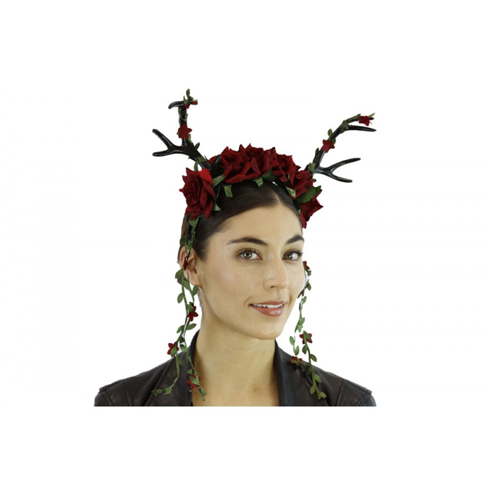 Black Antler Headband w/ Red Flowers