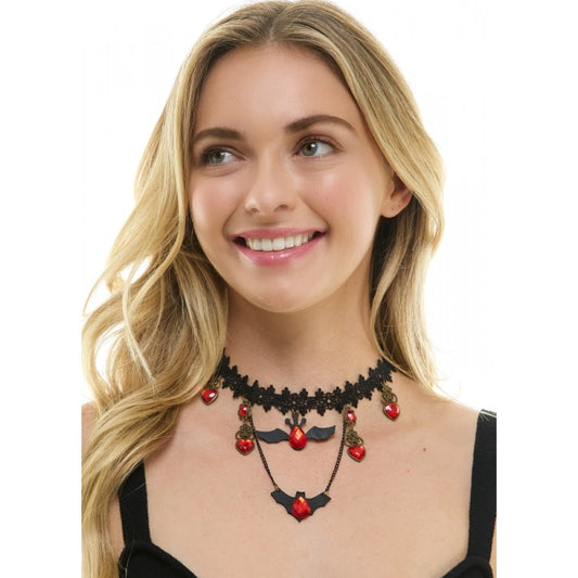 Black Bat Choker Necklace with Red Jewels
