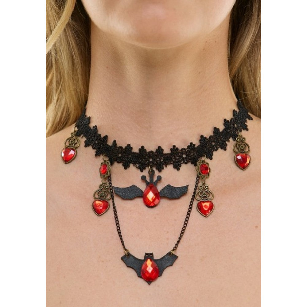 Black Bat Choker Necklace with Red Jewels