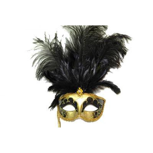 Black & Gold Feathered Stick Mask