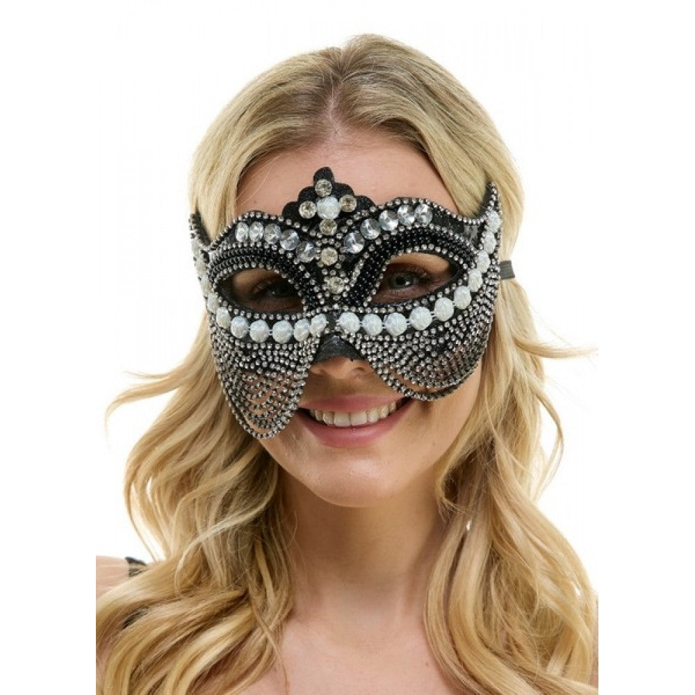 Black Jeweled Mask w/ Pearls & Chains