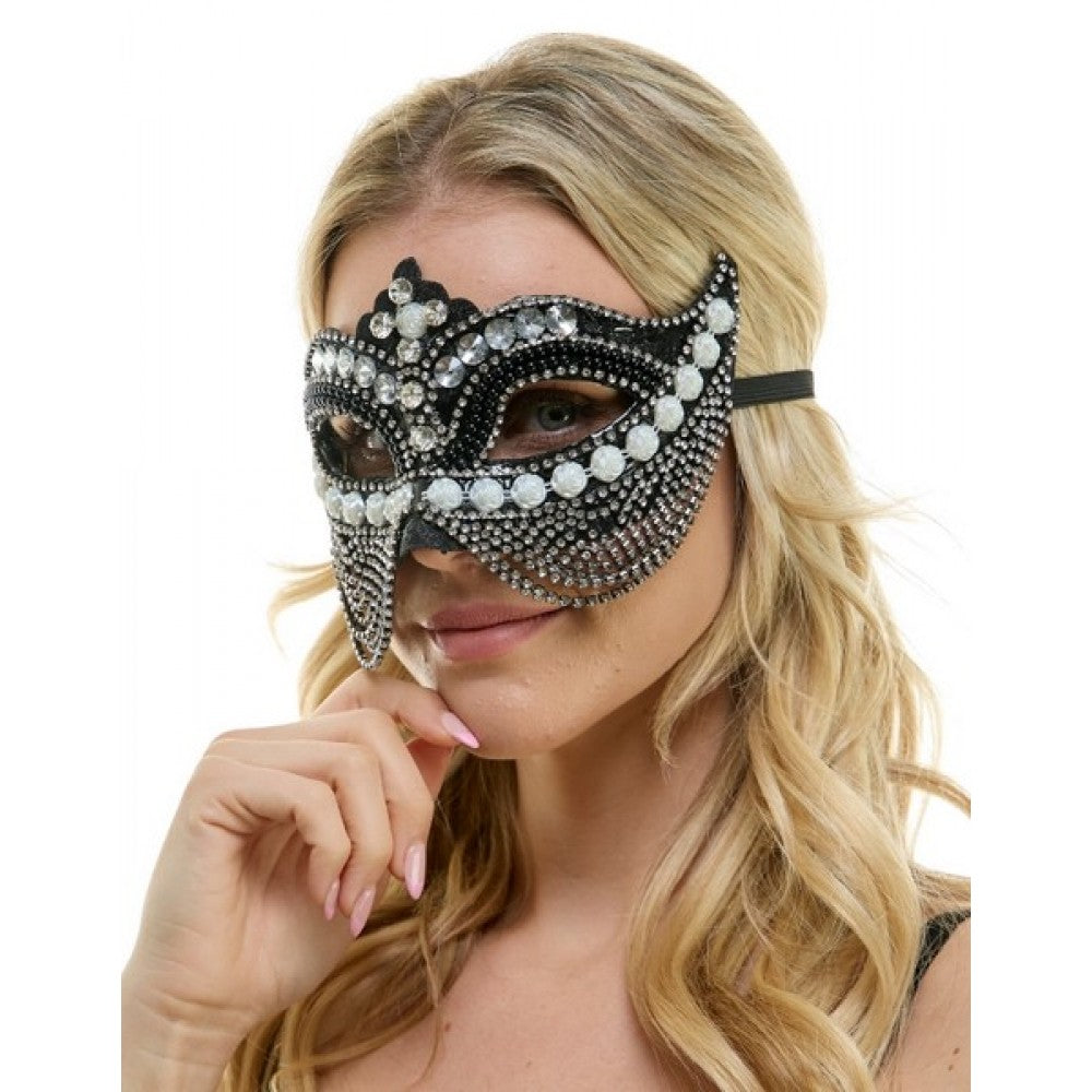 Black Jeweled Mask w/ Pearls & Chains