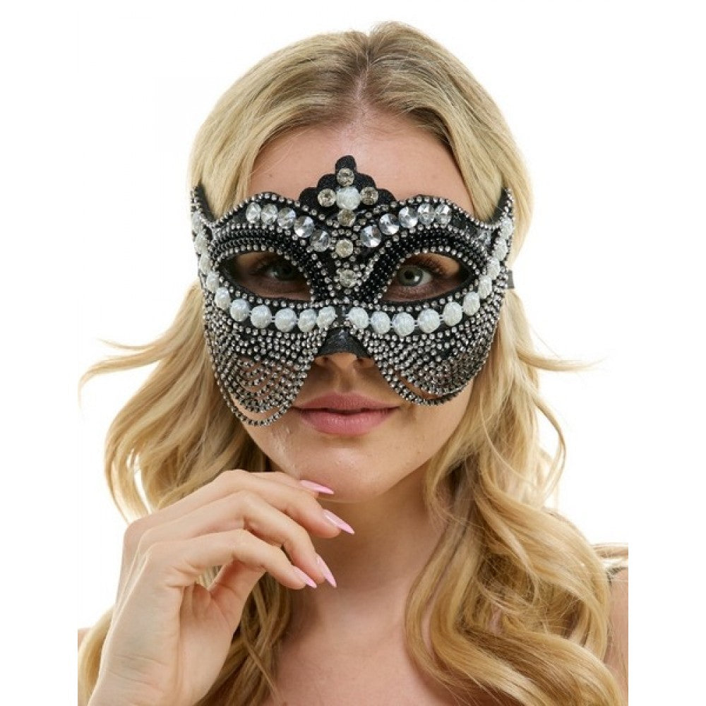 Black Jeweled Mask w/ Pearls & Chains