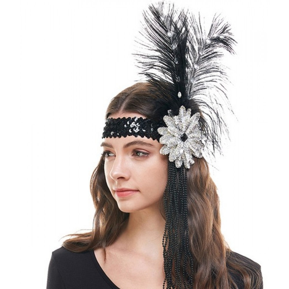 Flapper Headband with Feathers & Beads