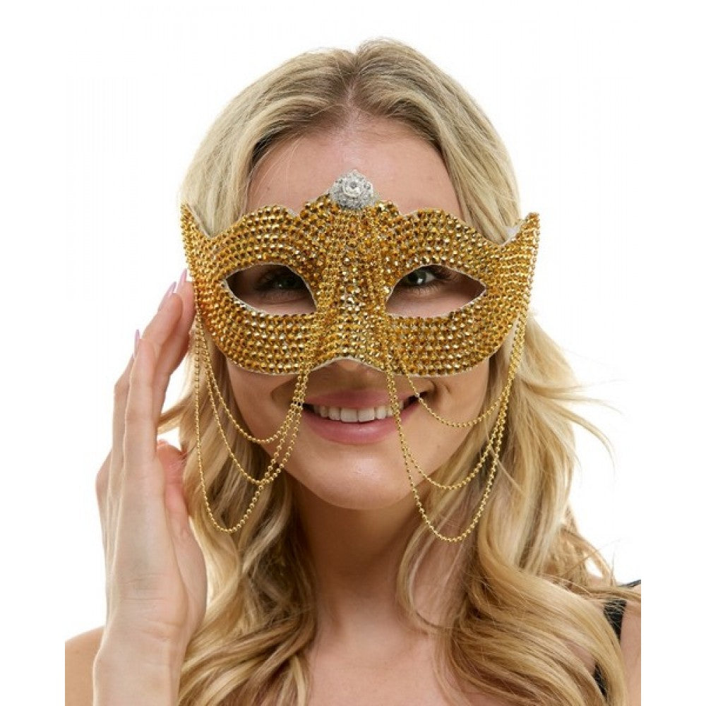 Gold Rhinestone Half Mask w/ Chain