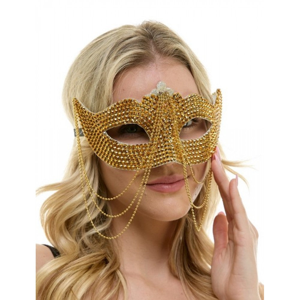 Gold Rhinestone Half Mask w/ Chain