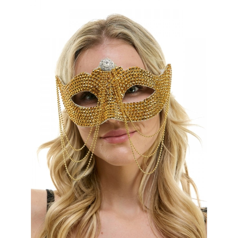 Gold Rhinestone Half Mask w/ Chain